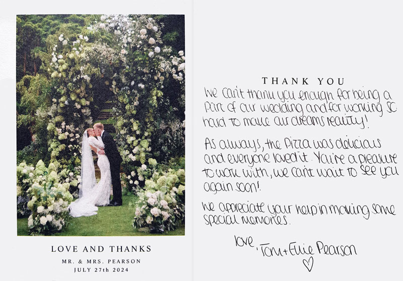 Tom and Ellie Pearson Thankyou Note